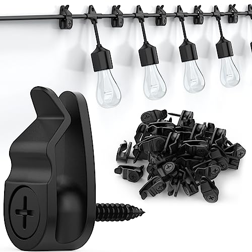 Outdoor String Lights Clips, Weatherproof Cable Hanger Hooks for Hanging Fairy Lights, Holiday Decor - Black, 50 Pack