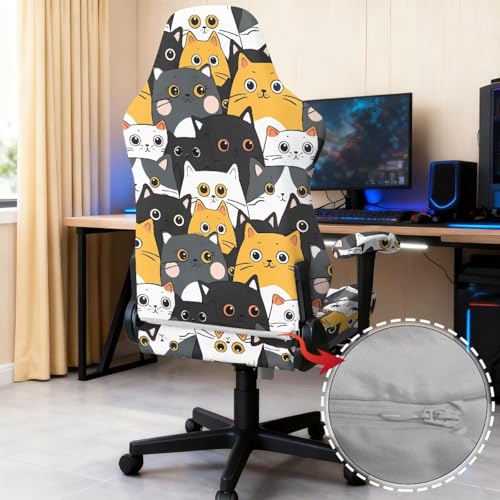 Cartoon Cat Print Gaming Chair Cover with Armrest Covers Stretch Anti Dust Furniture Protector Washable Breathable Gamer Chair Slipcover