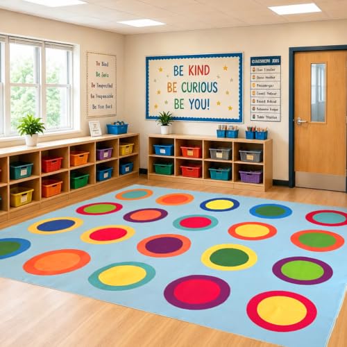 Large Classroom Rugs Elementary 6'7'' x 8'6'', Machine Washable Classroom Rug with Colorful Rings for Daycare & Preschool, Soft Non Slip Carpet for Kids Room Playroom, Seats 20 (Blue)