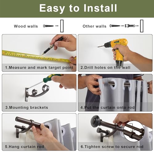 Double Curtain Rods 36 to 72 Inches with Solid Aluminum Alloy Brackets, 1 Inch Adjustable Drapery Rod, Heavy Duty Dual Curtains Rod for Window, Sliding Door, Bedroom Decoration, Matte Brown