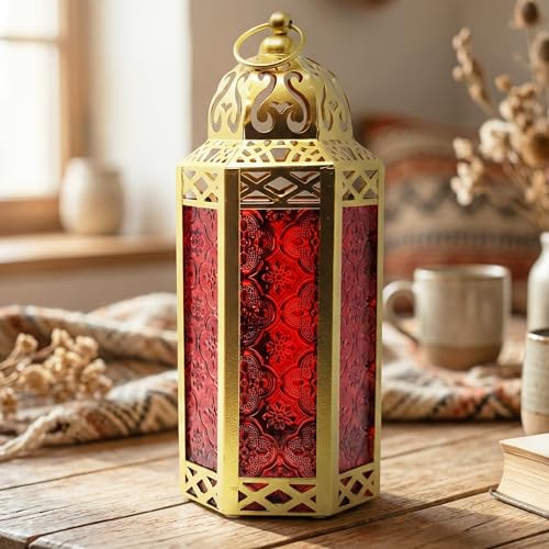 Vela Lanterns Decorative Indoor Moroccan Candle Holder, Gold Red, M