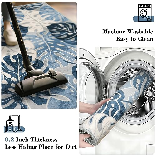 Wonnitar Tropical Washable 3x5 Entry Rug, Leaf Blue Small Rugs for Bedroom, Botanical Non-Slip Living Room Carpet Low Pile Indoor Floor Carpet for Mud Room Dining Table Doorway