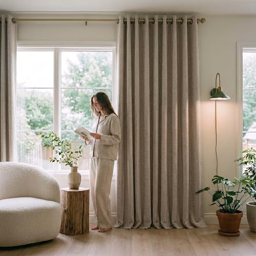 PONY DANCE Linen Blackout Curtains for Bedroom 84 Inches Long, Thermal Insulated Grommet 100% Black Out Window Drapes for Living Room, Sliding Door Curtains 2 Panels Set, 52" W x 84" L, Natural Linen