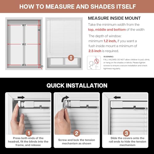 LazBlinds No Drill Vinyl Mini Blinds, 35" W x 64" H, White | S-Shaped Slats Create a Tighter Seal, Ideal for Bedrooms, Kitchens & Bathrooms
