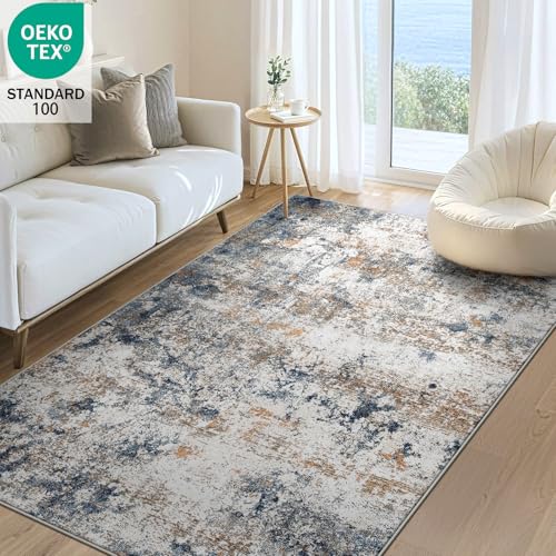 Washable 4x6 Area Rug, Blue Rust Abstract Non-Slip for Office, Entryway