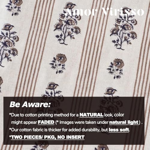 Amor Virisso Farmhouse Floral Throw Pillow Covers 18x18 Set of 2 Block Print Pillow Covers Neutral Boho Floral Striped Decorative Pillow Covers for Sofa Couch Bed, Brown