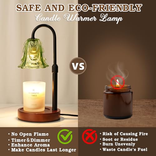 Small Candle Warmer Lamp with Timer, Adjustable Green Lamp Warmer for Jar Candles, Unique Women Gifts for Birthday, Dimmable Candle Heater, Mothers Day Gifts, Cute Wax Warming Light with Wood Base