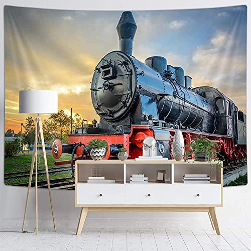 DYNH Steam Train Tapestry, Old Engine Train on Railroad Track Tapestries,Natural Scenery Sunset Sunrise Wall Hanging Home for Bedroom Living Room Dorm,60X40 Inches