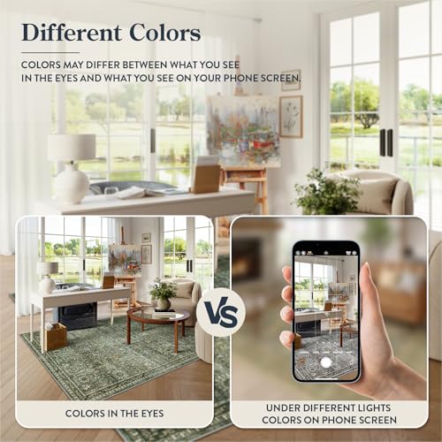 Lahome Mirae Green 8x10 Rugs for Living Room, Boho Washable Area Rugs for Bedroom, Rubber Backed Non Slip Floor Carpets for Dining Room Home Apartment, Dark Olive Green