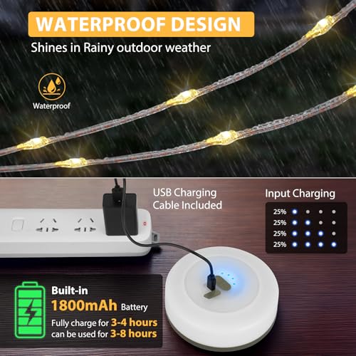 2Pack Camping String Lights, 4 in 1 Quick Storage Camping Essentials Gear 32.8FT Rechargeable Tent Lights with 9 Modes Hanging Waterproof LED Camp Lamp for Camping Hiking Patio Festival (Warm +RGB)