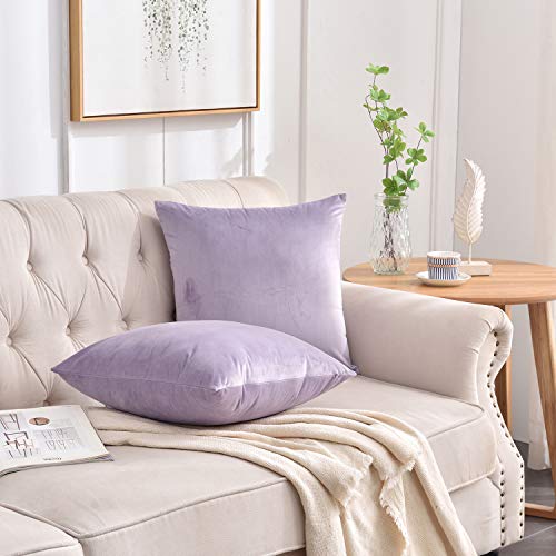Set of 2 Soft Velvet Throw Pillow Covers, Decorative Solid Cushion Cases for Sofa Couch and Bed - 16"x16", Lavender