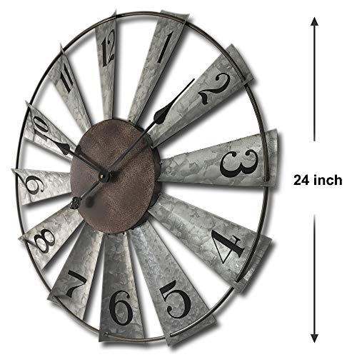 Mrocioa 24inch Windmill Distressed Metal Wall Clocks Rustic Large Decorative Clock Oversized Farmhouse Decor,Non Ticking,Battery Operated