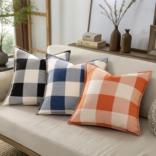 decorUhome Fall Buffalo Plaid Check Throw Pillow Covers 18x18 Set of 2 Outdoor Linen Decorative Farmhouse Gingham Coastal Pillow Covers with Stitched Edge for Bed Couch Sofa, Navy Blue and White