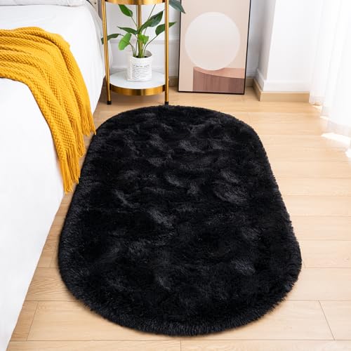 Goideal Fluffy Bedroom Rug, Small Oval Area Rugs, Black Shag Bedside Carpet for Kids Room Nursery Dorm Cute Fuzzy Indoor Decor for Boy and Girl, 2.6 x 5.3 Feet