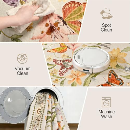 2x6 Kitchen Runner Rugs Non Slip Washable, Beige Floral Runner Rug for Hallway Bedroom Bathroom, Pet & Kids Friendly, Soft Low Pile Stain Resistant Foldable Floor Carpet