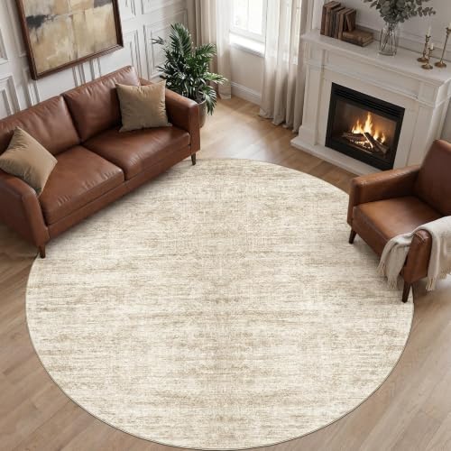 Area Rugs Round 8ft Washable Abstract Carpet Beige Brown