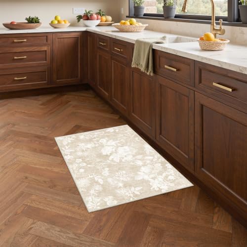 Soalmost Floral Washable Rugs 2x3, Soft Neutral Doormat for Entryway Beige