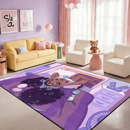 Afro Black Girls Rugs for Living Room Purple Carpets for Bedroom Black Girls Home Decor Art Music Girl Sofa Floor Mats Yoga Mats, 47" x 31" (2.7 x 3 Feet)