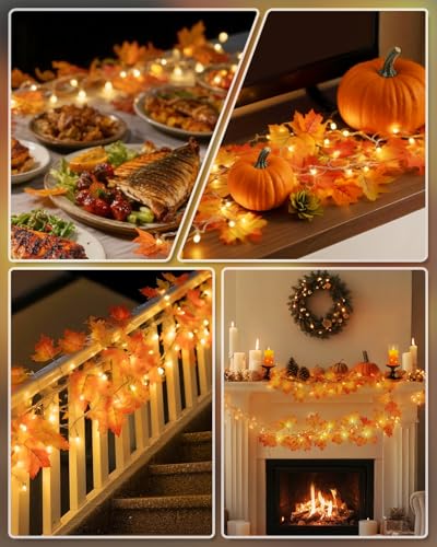Luditek Fall Decor 3-Pack Fall Leaf Garland with Lights, Total 24.6ft 60 LED Halloween String Lights, Thanksgiving Decorations for Home Holiday Autumn Indoor Friendsgiving Gift