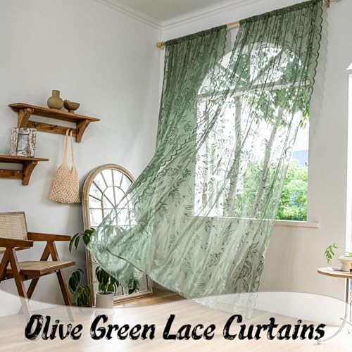 Sutuo Home Olive Green Lace Curtains 84 Inches Long for Bedroom Living Room, Leaf Embroidery Window Sheer Drapes Pair, Rod Pocket Vintage Country Window Treatments Set of 2 Panels, 57" W x 84" L