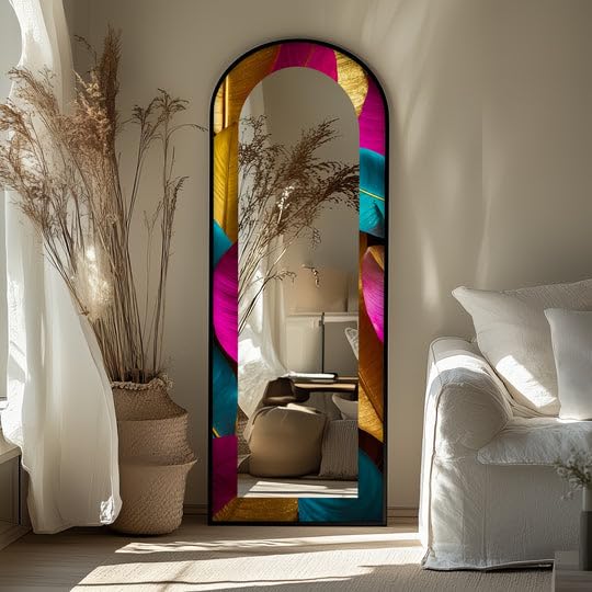 23,5’’W x 67’’H Obsidian Echo – Black Marble Texture Floor Mirror Full Lenght Mirror - Arched Full Lenght Mirror - Arch Full Body Stained Floor Mirror with Black Frame