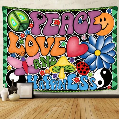 F-FUN SOUL Peace Love and Happiness Tapestry, 60x40inches Soft Flannel, 70s Theme Party Tapestries Hippie Aesthetic Tapestry Wall Hanging for Bedroom Living Room Decor GTZYFS915