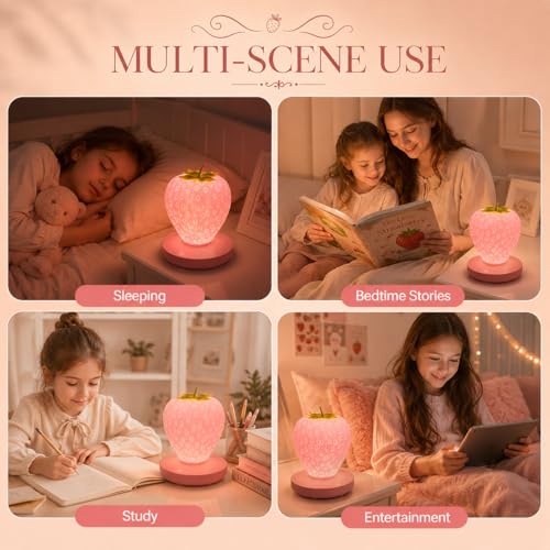 WLHONG Girls Gifts Strawberry Night Light, Silicone Strawberry Lamp Cute Small Lights, 3 Modes Dimmable Touch Bedside Lamps, Kawai Room Decor Romantic Gifts for Mom Girls Women Toddlers Teen