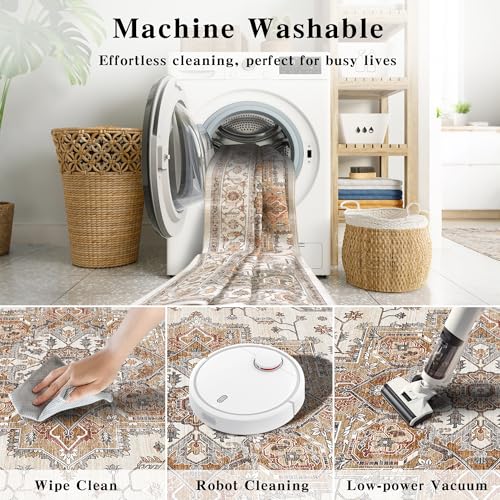 2x6 Vintage Runner Rug Low Pile Runners Non-Slip Machine Washable Rug Retro Distressed Print Lightweight Carpet for Hallway Kitchen Living Room Bedroom Laundry Room