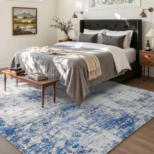 6x9 Blue Gray Washable Area Rug for Living Room, Vintage Print