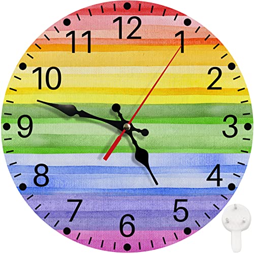 Britimes Round Wall Clock Silent Non-Ticking Battery Operated Clock 10 Inch, Rainbow Happy Striped Watercolor Purple Home Decor for Living Room, Kitchen, Bedroom, and Office