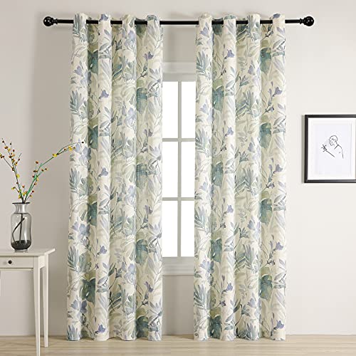 MYSKY HOME Sage Green Curtains 84 Inch Length Light Filtering Privacy Protect Drapes for Living Room Bedroom Flower Printing Window Treatment Grommet 2 Panels,Sage and Natural