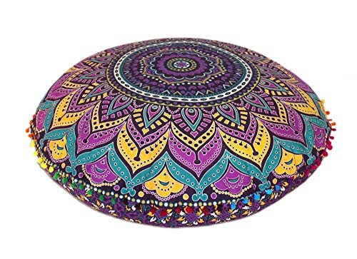 CRAFT KALA 32" in Round Mandala Floor Pillow Cushion Cover Seating Throw Cover Hippie Decorative Bohemian Ottoman Poufs Pillow Cover Cases Boho Cotton Living Yoga Home Décor (New Pink Ombre)