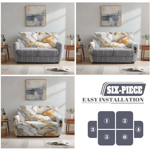 Reclining Loveseat Slipcover, White Gold Marble Crack Abstract Print 6-Piece Stretch Lazy Boy Sofa Covers, 2 Seat Loveseat Recliner Cover Thick Soft Washable