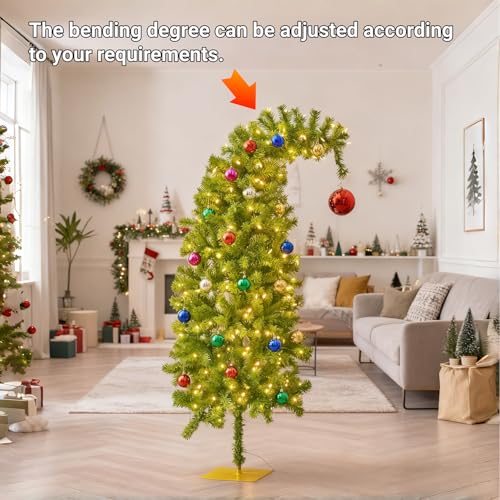 Juegoal 5 FT Artificial Christmas Tree, Pre-Lit Curved Shape Artificial Whimsical Xmas Tree with 150 LED Warm White Lights & Colorful Balls, 8 Lighting Modes Bendable Fake Pine Tree with Metal Base