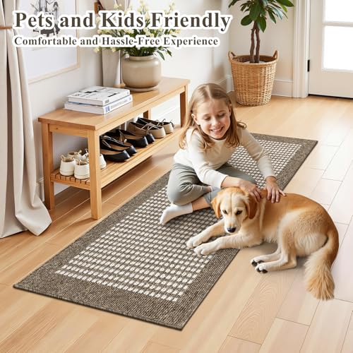 Laundry Room Runner Rug 2x5ft Non Slip Farmhouse Kitchen Floor Mats with Rubber Backing Machine Washable Indoor Doormat Low-Profile Carpet for Hallway Entryway(Brown)