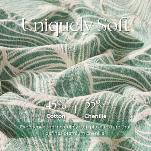 DOWN HOME Chenille Cotton Throw Blanket for Couch, Lightweight Boho Blanket for Bed Sofa Chair Living Room Outdoor Soft Woven Decorative Blanket with Tassel Gift Green Leaves 55"x60"