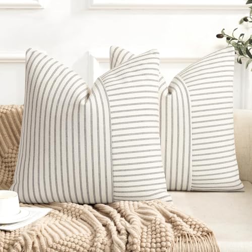 YCOLL Farmhouse Pillow Covers 18x18, Modern Accent Square Throw Pillow Covers Set of 2, Gray and Beige Striped Patchwork Linen Decorative Pillows Cushion Covers for Couch Chair Bedroom Home Decor