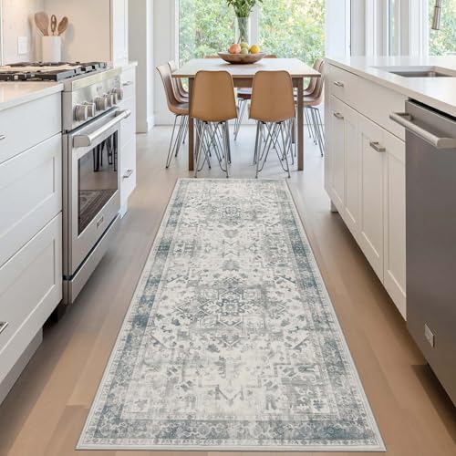 Rugxara 2x6 Washable Runner Rug, Non Slip Boho Runner Rugs for Hallway, Kitchen, Entrance, Bathroom, Laundry Room, Soft Ultra-Thin Entryway Carpet, Throw Low Pile Retro Imitation Carpet, Blue Grey