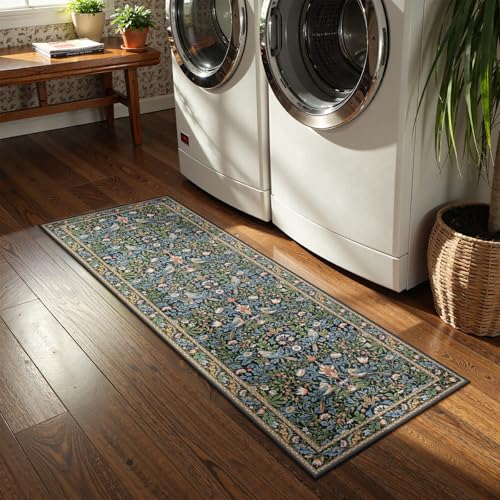 Boho Floral Kitchen Runner Rugs 2x5, Machine Washable Bathroom Rug Runner Non Slip, Soft Low-Pile Flower Botanical Indoor Carpet Runner for Entrance Entryway Bedroom Dorm Foyer, Navy Blue