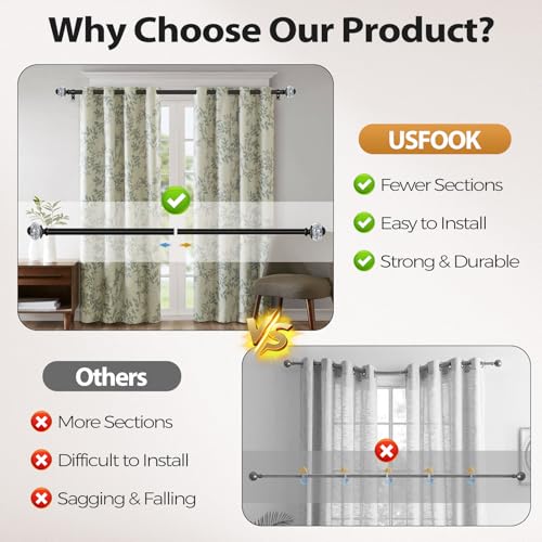 1 Inch Curtain Rods 72 to 144 Inches (6 to 12 ft) Telescoping Single Drapery Rod, USFOOK Black Curtain Rods for Windows 69 to 140 Inches, Decorative Translucent Finials