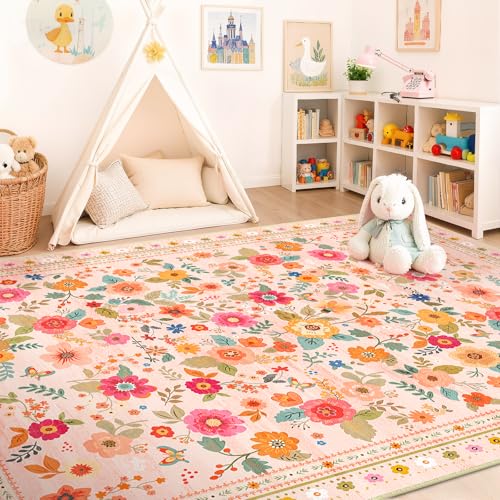 5x7 Area Rugs for Living Room Vacuum-Friendly Machine Washable Area Rug Flower Floral Printed Pattern Low Pile Non-Slip Carpet for Bedroom Hallway Entryway, Pink Beige