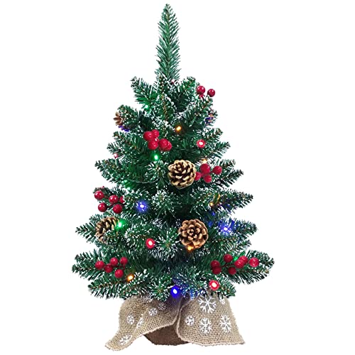 Little Christmas Tree Prelit 24 Inch Mini Christmas Tree for Desktop Decorating - Luxury Christmas Tree with Light| 4 Colors and 8 Modes String Light| Wooden Base and Picture Cloth Bag Wrapped Up