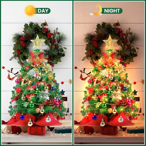2FT Mini Christmas Tree, Small Christmas Tree with Lights, Prelit Tabletop Christmas Tree with 100 Branch Tips and 80+ DIY Ornaments, Christmas Decorations Indoor and Gifts for Men Women