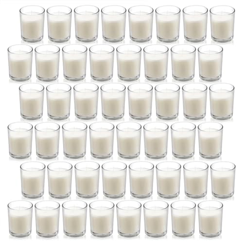 Housecret 48 Pack Warm White Unscented Clear Glass Filled Votive Candles. Hand Poured Wax Candle Ideal Gifts for Aromatherapy Spa Weddings Birthdays Holidays Party