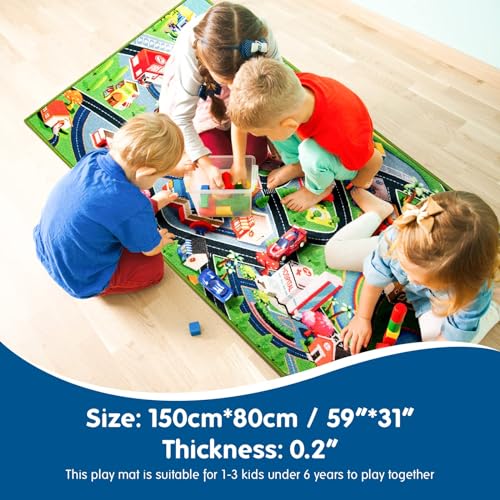 Booooom Jackson Car Rug for Kids, 59" x 31" Soft Non-Slip Play Mat with City Road Pattern, for Toddler Boy to Play Toy Cars in Playroom or Bedroom
