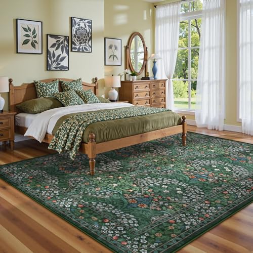 Lahome Dark Green Rugs 5x7, Soft Washable Rugs for Bedroom Reading Corner, Boho Non Slip Low Pile Forest Stain Resistance Floral Carpet for Living Room Office Giverny, Dark Green