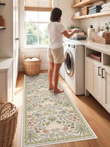 2x6 Non-Slip Runner Rug for Kitchen: Machine Washable Floral Boho Carpet Runners for Bathroom Botanical Indoor Mats for Bedroom Hallway Entryway Laundry - 6ft Low Pile Soft Rugs 2x6 Beige