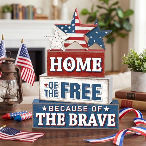 Yuntau 4 Pcs 4th of July Patriotic Table Decor Home of The Free Because of The Brave Wood Sign Red White Blue Table Centerpiece 250th Anniversary Independence Day Decor for Home Indoor Office Shelf