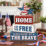 Yuntau 4 Pcs 4th of July Patriotic Table Decor Home of The Free Because of The Brave Wood Sign Red White Blue Table Centerpiece 250th Anniversary Independence Day Decor for Home Indoor Office Shelf