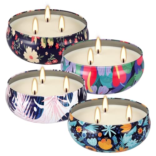 Tropical Printed Citronella Candles, Set of 4 x 13.5 oz Large Scented Candles with Natural Cotton Wicks - Made with Natural Soy Wax, for Home, Patio, Garden, Camping or as a Summer Housewarming Gift